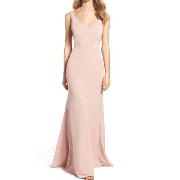 Jenny Woo Delaney Tie Back V-Neck Gown Blush Pink Size 4 - Picture 1 of 11